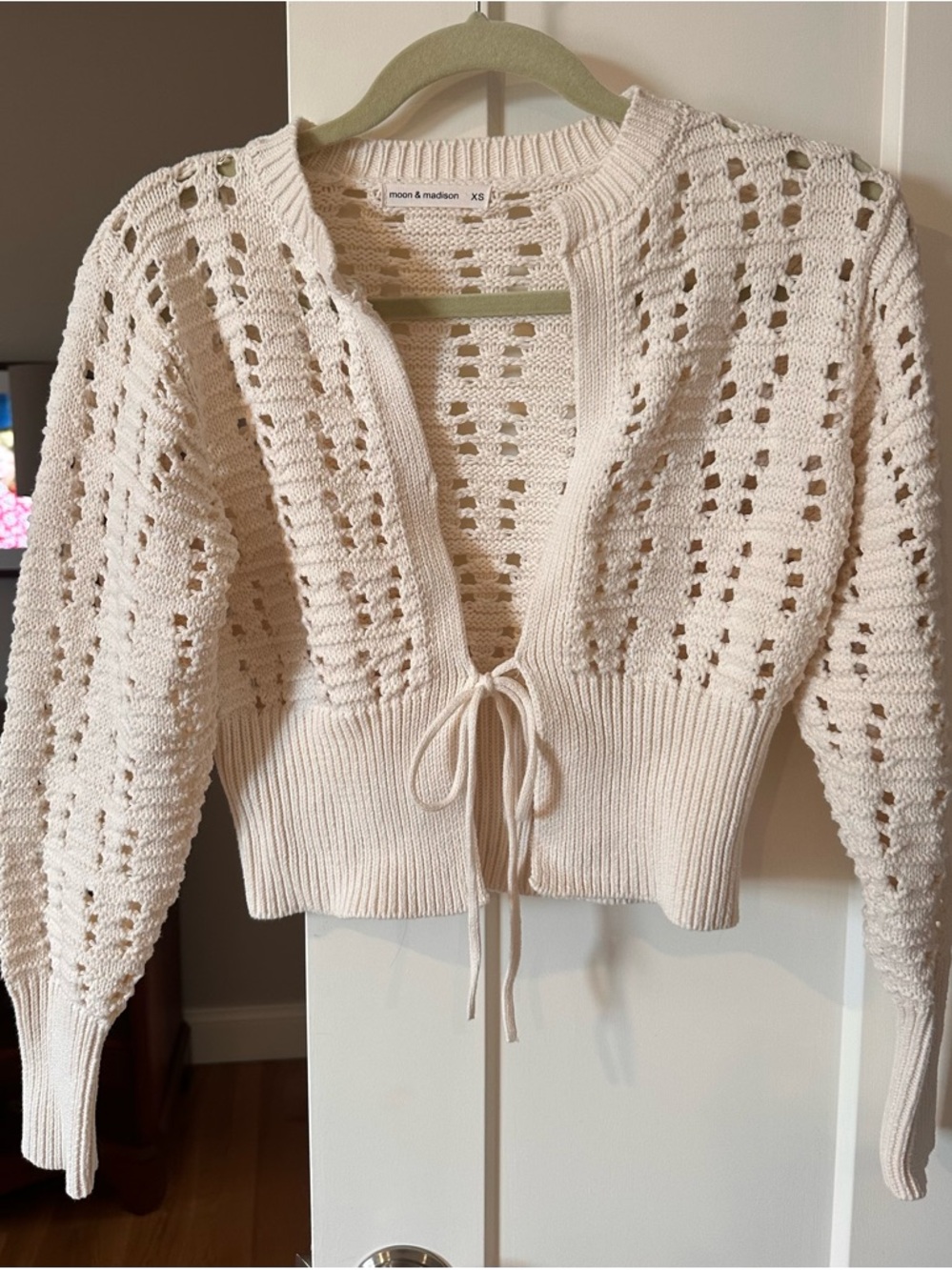moon & madison Cream Open-Weave Tie-Front Cardigan